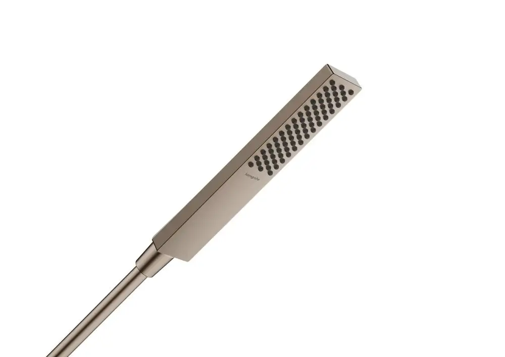 Hansgrohe Duschbrause mit rechteckigem Kopf und zahlreichen Düsen. Die Oberfläche ist in gebürstetem Bronze gehalten. Griffiger Auslauf für eine einfache Handhabung.